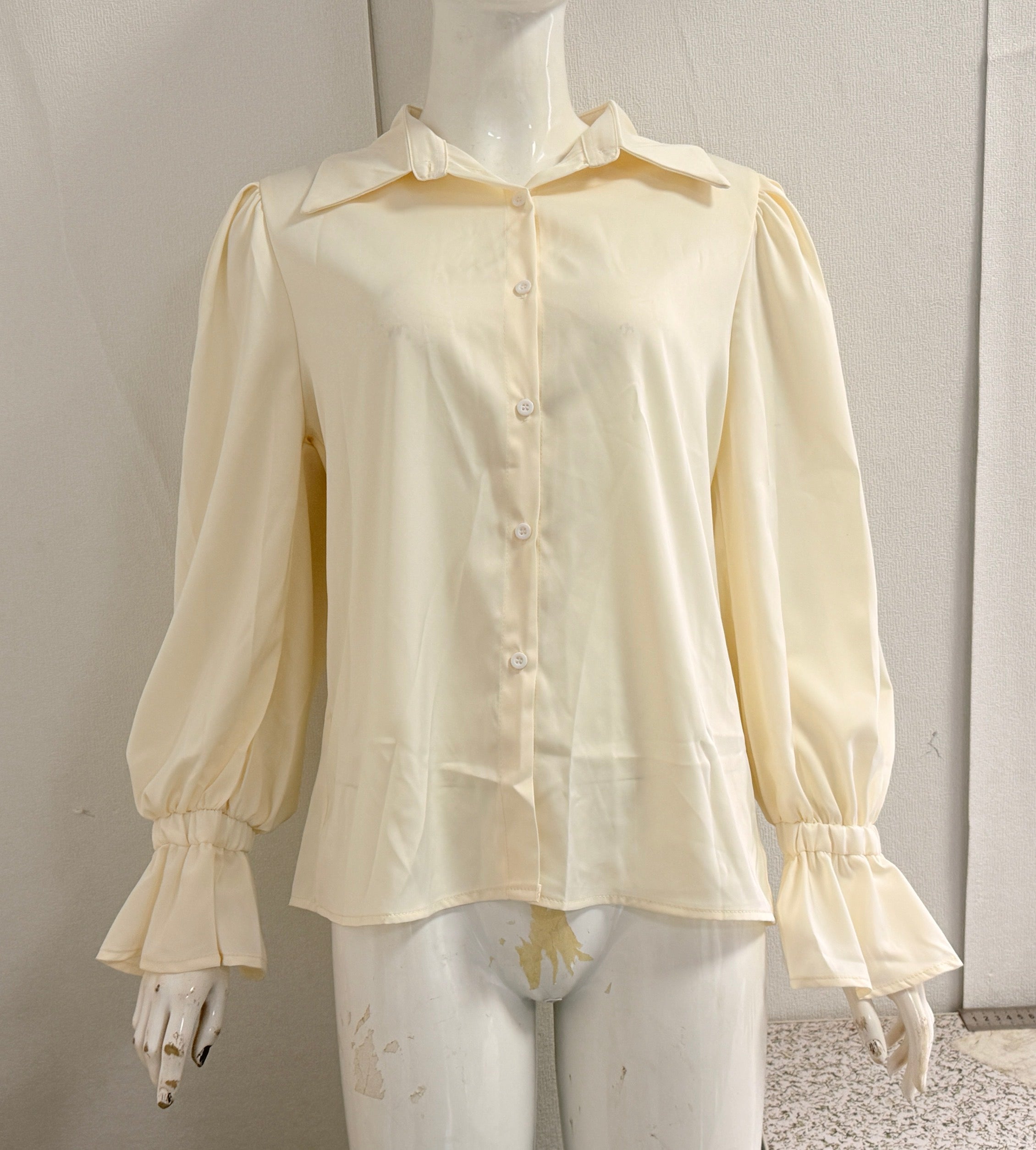Women's Puff Sleeve Button Down Blouse, Ruffle Detail Dressy Casual Work Top