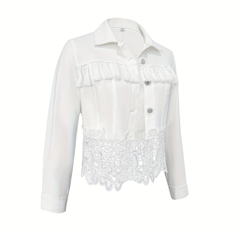 Women's Lace Hollow Out Jacket - Chic Long Sleeve Button Down Shirt With Tassel Details