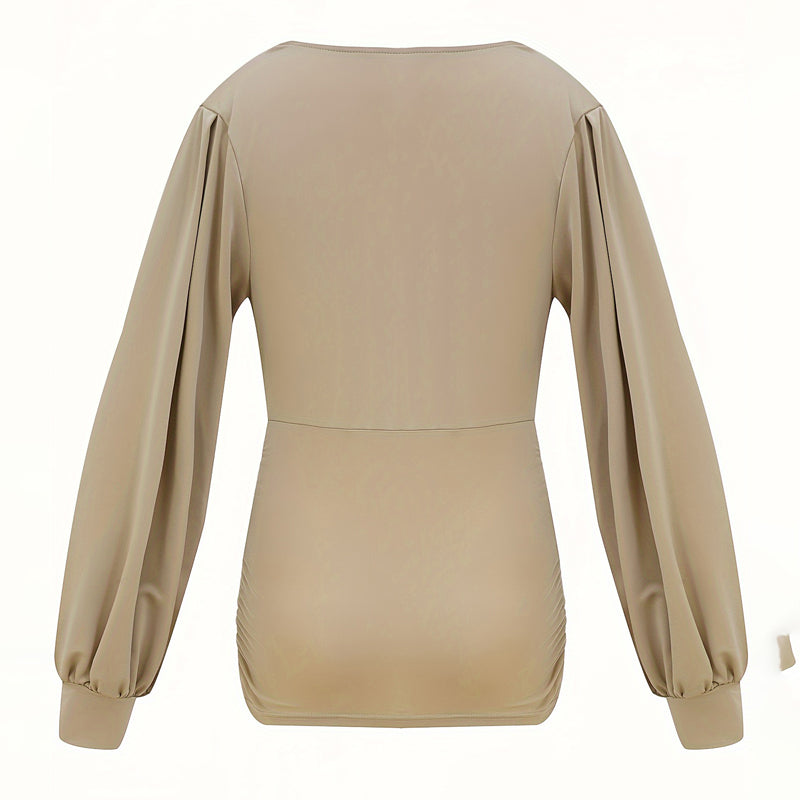 Women's Elegant Solid Color Deep V-Neck Long Sleeve Top With Draped Detail - Casual Pullover Blouse For Spring&Fall