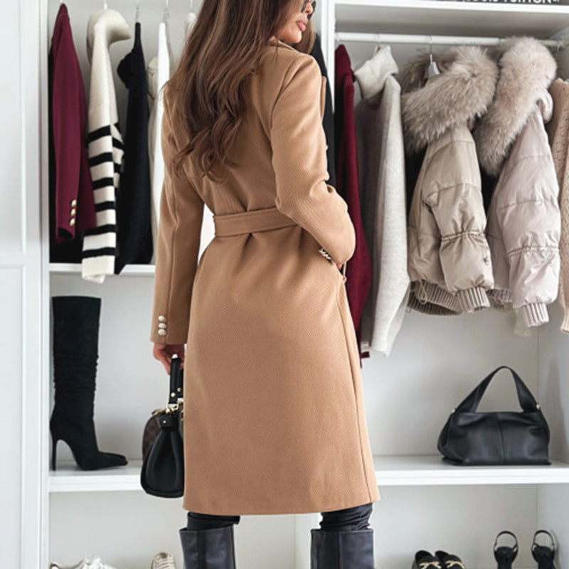 Women's Double Breasted Wool Trench Coat, Notch Lapel Midi Long Winter Coat With Belt
