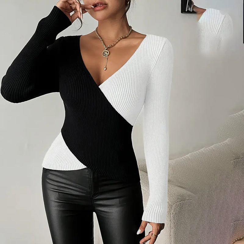 Women's Elegant V-Neck Cross Front Sweater, Color Block Knit Top For Spring And Fall Layering