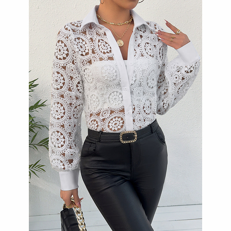 Women's Lace Floral Boho Blouse - Long Sleeve Button Down Shirt For Spring & Fall