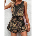 Women's Summer Casual Shorts Jumpsuit Allover Print Sleeveless Tank Top Rompers With Waist Tie