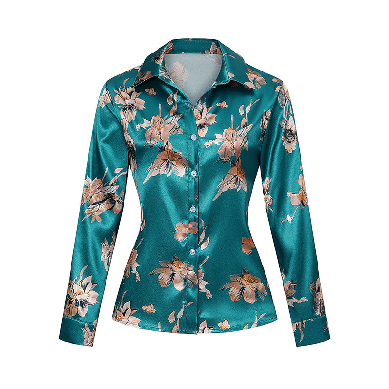 Women's Elegant Satin Lapel Long Sleeve Full Button Shirt Spring Autumn Fashion Tapered Waist Design With Sheen