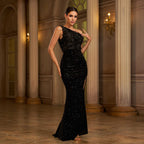 One-shoulder Slant Collar Sequined Slim-fit Sheath Banquet Split Evening Dress