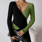 Women's Elegant V-Neck Cross Front Sweater, Color Block Knit Top For Spring And Fall Layering
