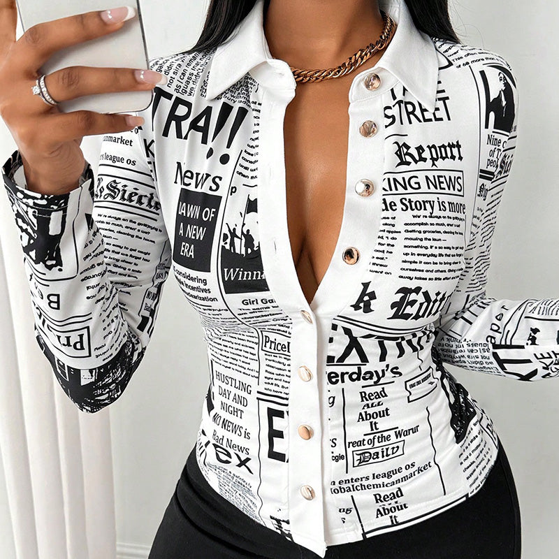 Women's Long Sleeve Casual Shirt - Spring&Fall Slim Fit Printed Blouse With Single Button Placket