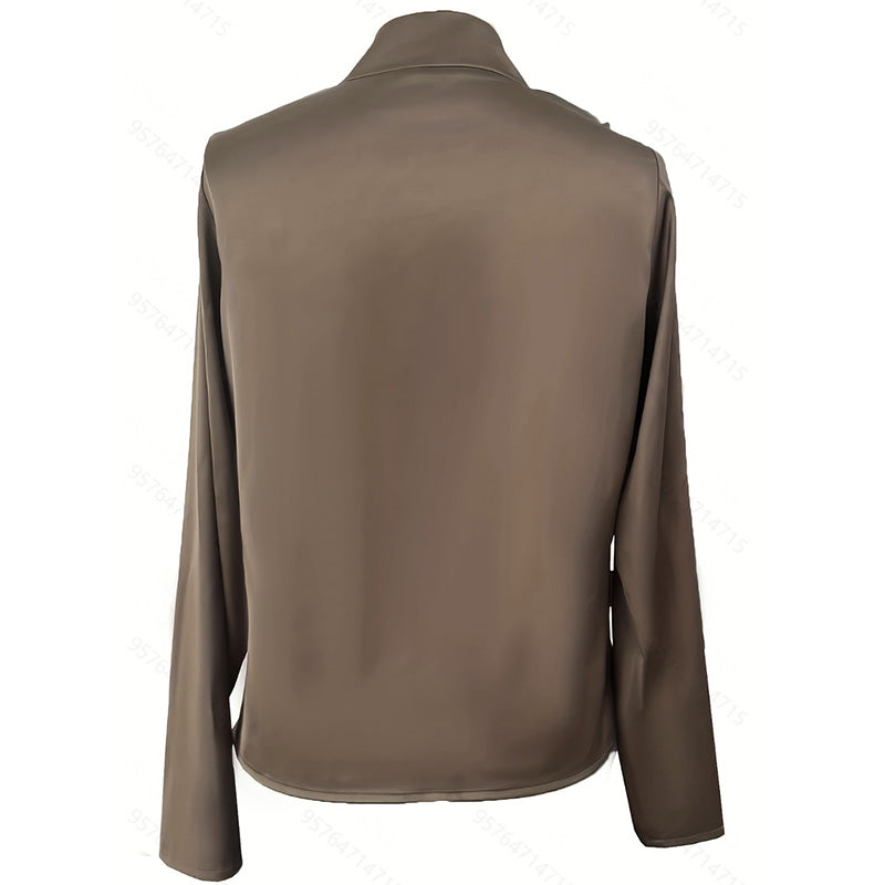 Women's Elegant Solid Color V-Neck Long Sleeve Blouse With Pleated Detail - Fashion Top For Spring&Fall