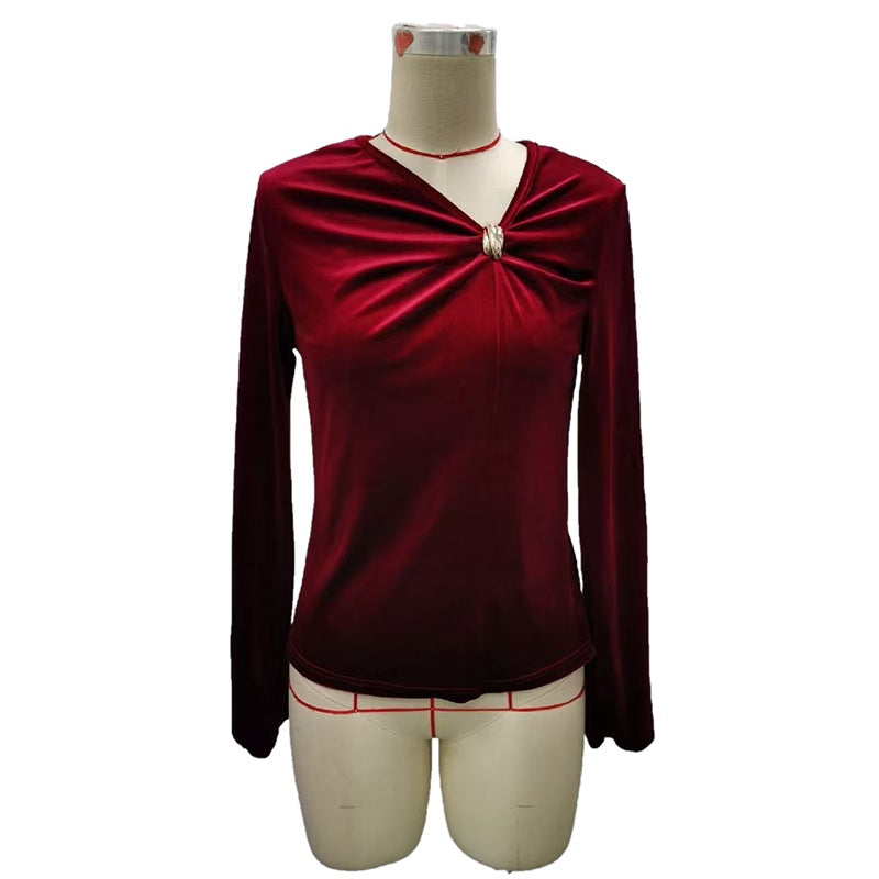 Women's Velvet Twist Knot Blouse, Asymmetric V-Neck Trendy Top