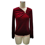 Women's Velvet Twist Knot Blouse, Asymmetric V-Neck Trendy Top