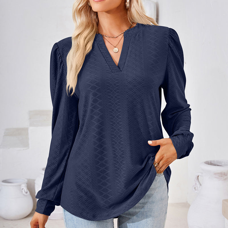 Women's Puff Sleeve V-Neck Blouse, Loose Long Sleeve Casual Work Top