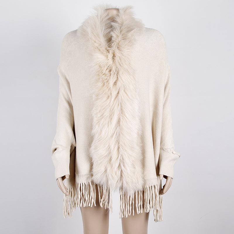Women's Faux Fur Trim Cardigan Coat - Fringe Hem Layer Poncho For Fall & Winter