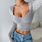 Women's Sunken Stripe Brushed T-shirt Short Midriff-baring Top