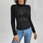 Women's Solid Color Stand Collar Long Sleeve Fitted Top, Sheer Leopard Print Pattern, Layering Base For Spring And Autumn