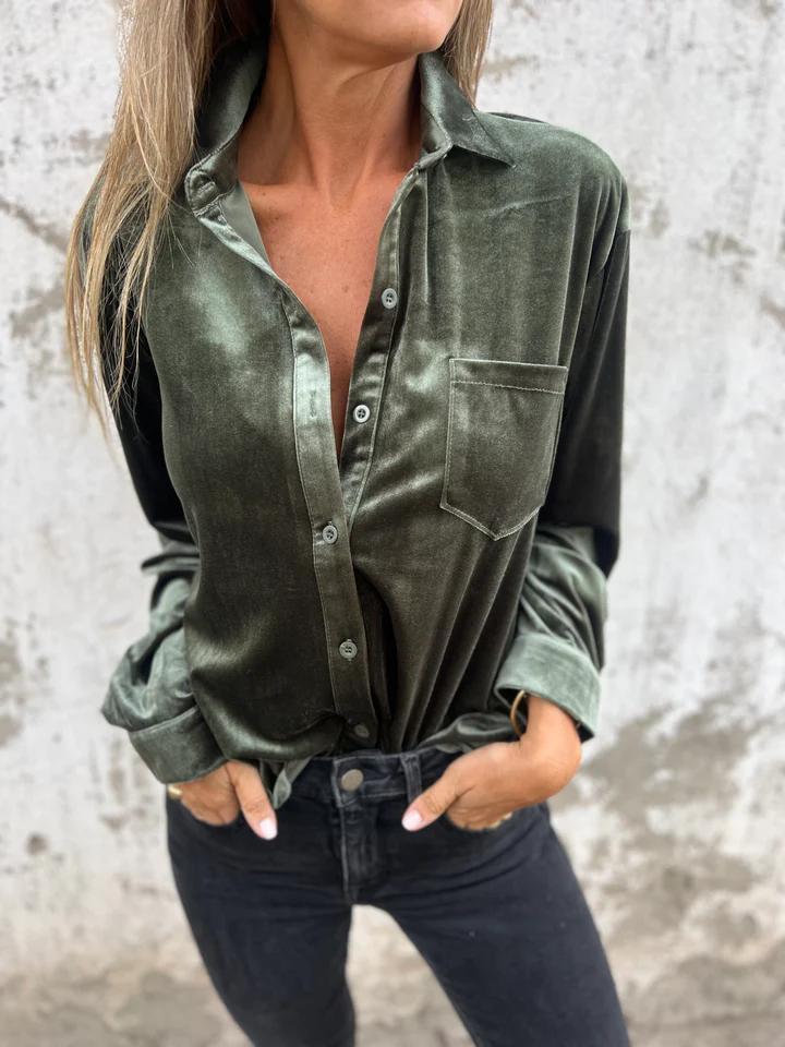 Women's Velvet Long-sleeved Single-breasted Shirt Casual Lapel Long Sleeve Solid Color Tops Daily Wear