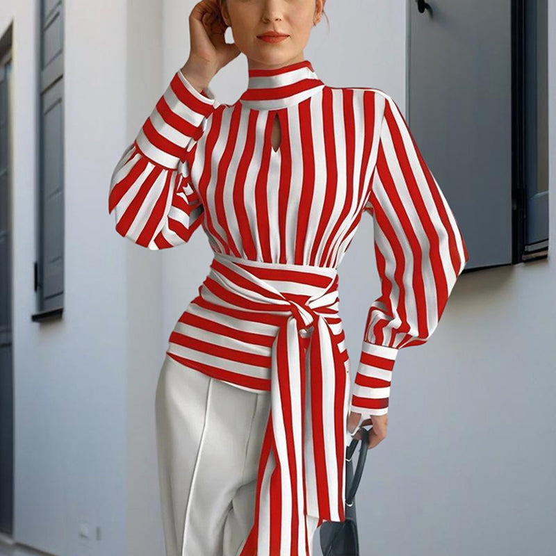 Elegant Women's Striped Tie-Waist Blouse, High Neck Long Sleeve Shirt With Cut-Out Detail