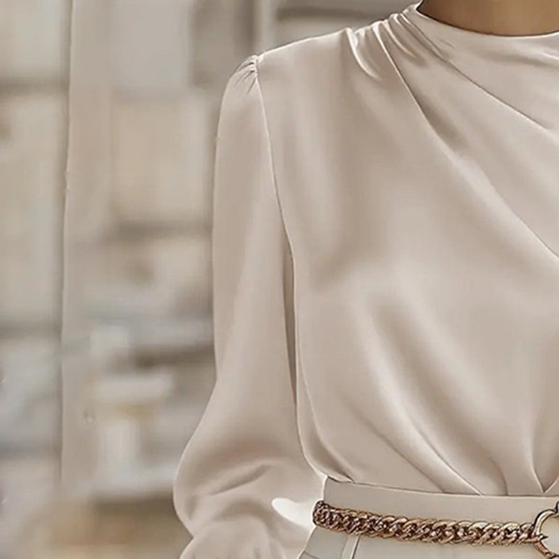 Women's Pleated Long Sleeve Blouse, Round Neck Business Casual Shirt, Dressy Fall 2025 Work Tops