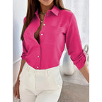 Womens Button Down Shirts V Neck Rolled Up Long Sleeve Tops Elegant Dressy Blouses Business Casual Outfits