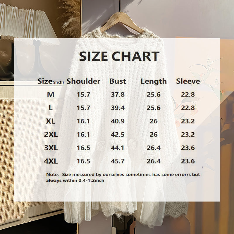 Plus Size Women's Solid Color Round Neck Long Sleeve Sweater Elegant Loose Fit With 3D Flowers And Lace Decoration