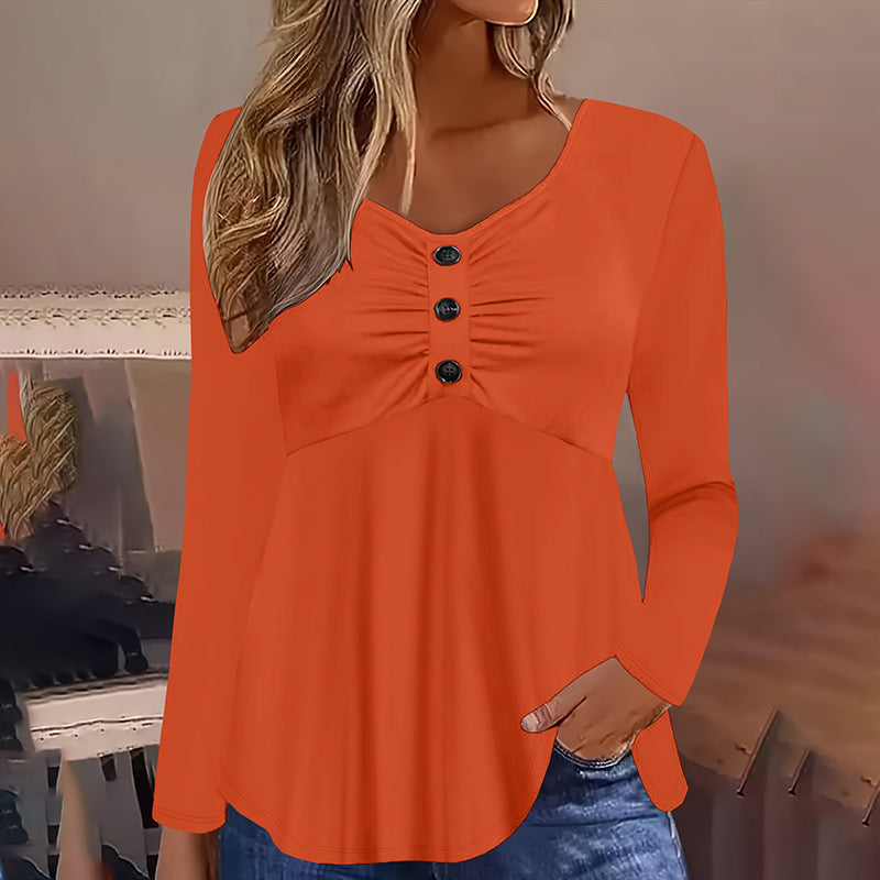 Plus Size V-Neck Tunic Top - Loose Fit Casual Blouse With Button Detail & Pleats For Spring Fall