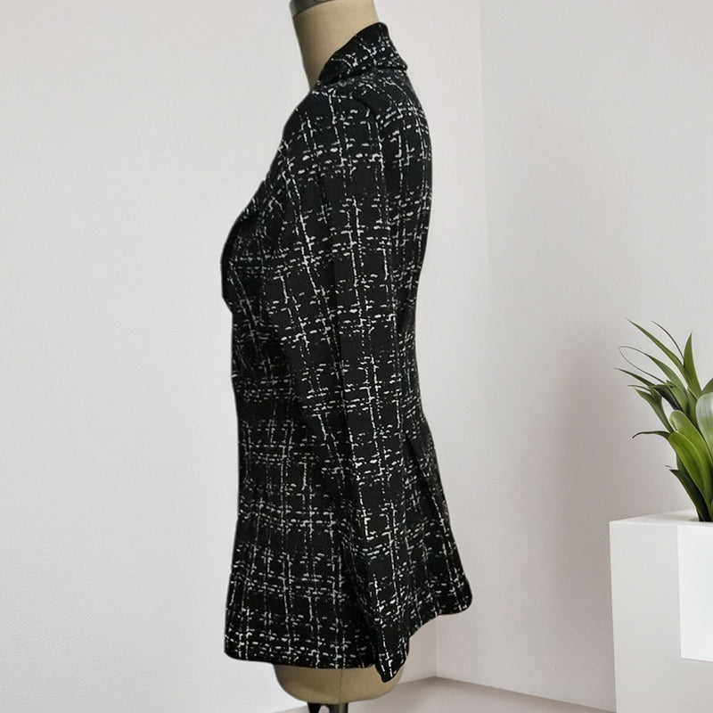 Elegant Women's Plaid Double-Breasted Blazer, Notch Lapel Long Sleeve Tweed Jacket For Office And Casual Wear