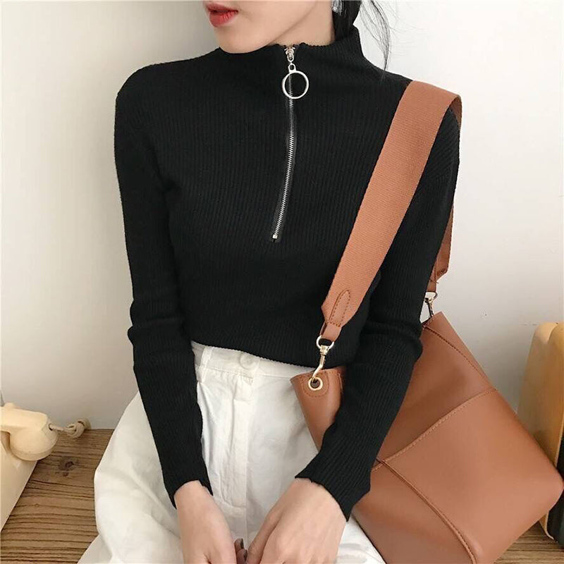 Women's Slim Fit Half-Zip Turtleneck Sweater, Long Sleeve Knit Top For Office And Casual Winter Wear
