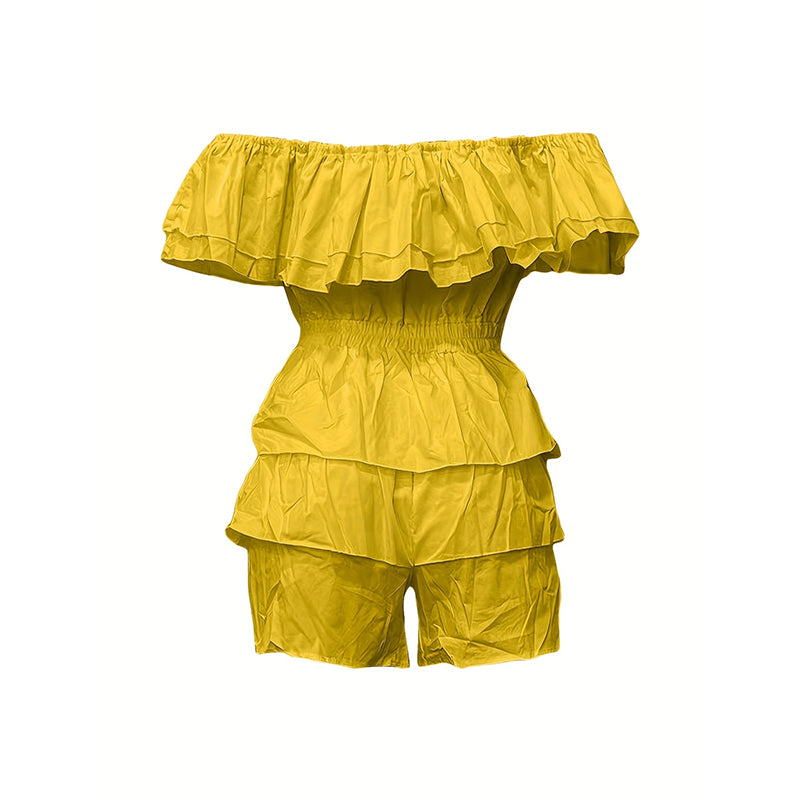 Womens Sexy Off Shoulder Rompers Summer Ruffle Short Sleeve Tiered Short Jumpsuits