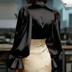 Women's Puff Sleeve Button Down Blouse, Ruffle Detail Dressy Casual Work Top