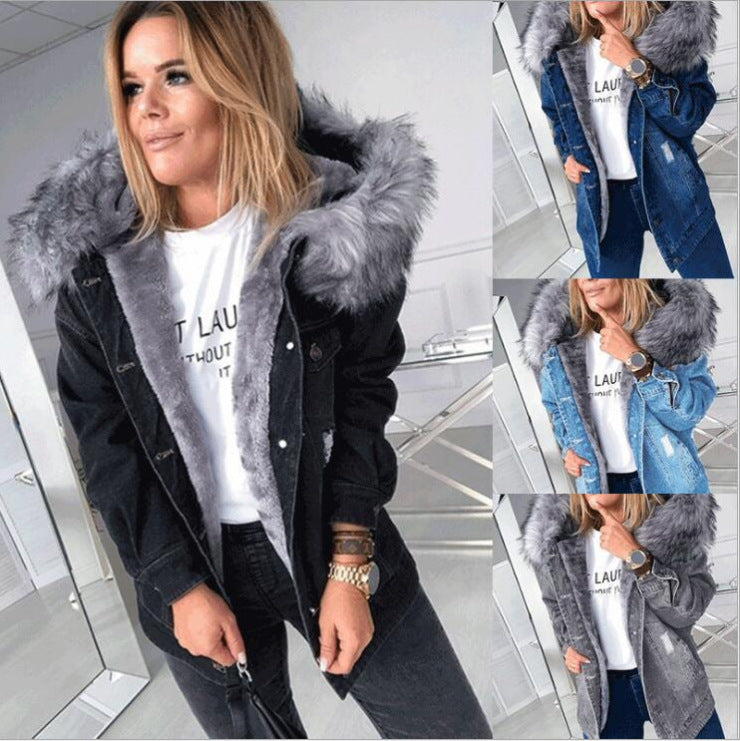 Fur Collar Denim Stitching Jacket Plus Velvet Padded Coat Slim Fit