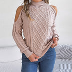 Women's Solid Color Off-Shoulder Cable Knit Sweater, High Neck Long Sleeve Pullover For Spring And Fall