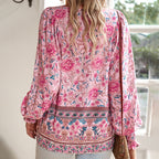 Wpmens Boho Chic Long Sleeve Blouse Floral Print V-Neck Top With Lace-Up & Drawstring Detail Elegant Vacation Shirt