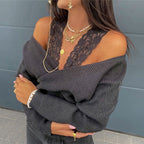 Women's Off-Shoulder Lace Trim Top, Slim Fit Long Sleeve Sexy Y2K Blouse