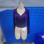 Women's Sexy Solid Color Velvet V-Neck Top, Sequin Detail Long Sleeve Blouse For Layering And Holiday Wear