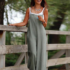 Women's Dark Green Casual Suspender Wide-leg Jumpsuit