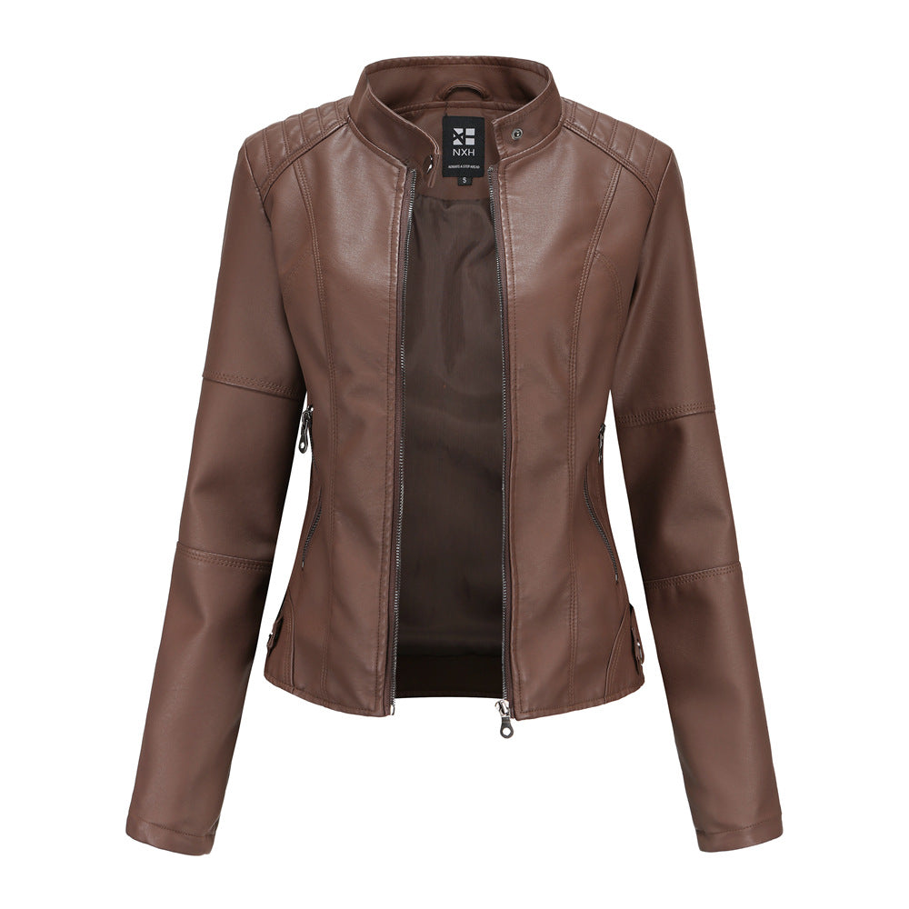 Women's Zip-up Leather Jackets Fashion Solid Color Pockets Stand Collar Top Outwear Clothing