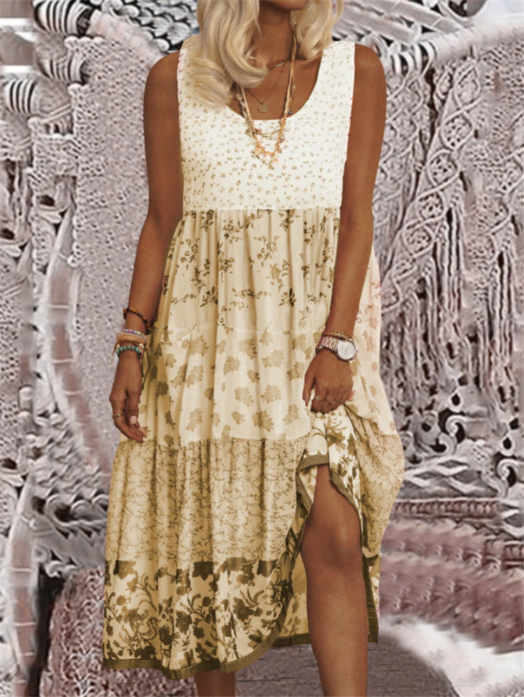 Sleeveless Stitching Summer Round Neck Dress Women's Clothing