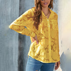Womens Casual Sheer Button Down Shirts Long Sleeve V Neck Jacquard Blouses Tops