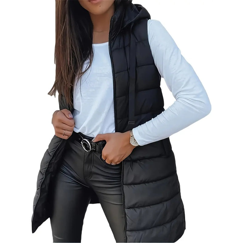 Women's Solid Color Sleeveless Hooded Vest, Mid-Length Zip-Front Waistcoat With Pockets For Spring And Fall Layering
