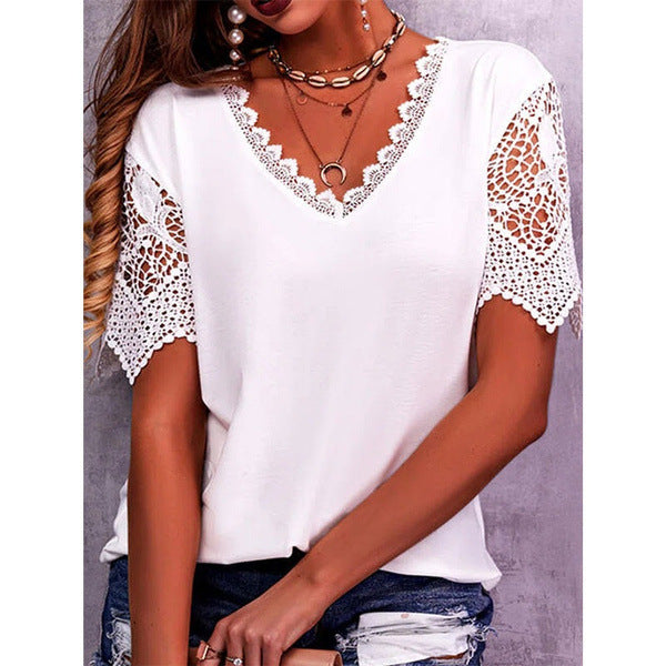 Lace Paneled Loose V-Neck Short Sleeves For Women