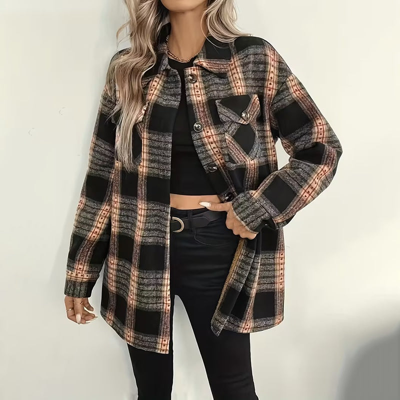 Women's Plaid Fleece Lined Jacket, Thickened Lapel Collar Long Sleeve Coat With Chest Pocket