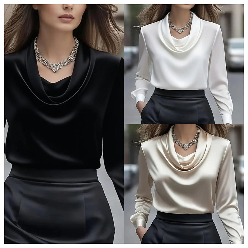 Elegant Satin Blouse - Women's Versatile Long Sleeve Shirt For All Seasons, Chic Solid Color Top