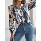 Women Fashion Button Down Shirts V Neck Printed Long Sleeve Blouses Dressy Casual Fall Tops