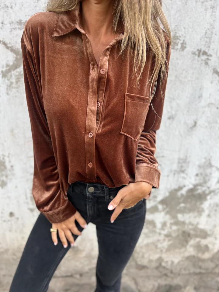 Women's Velvet Long-sleeved Single-breasted Shirt Casual Lapel Long Sleeve Solid Color Tops Daily Wear