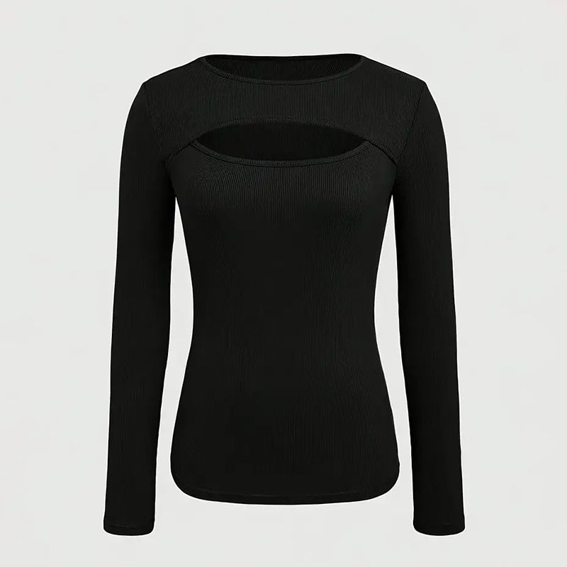 Women's Cut Out Ribbed Tee, Long Sleeve Fitted Sexy Casual Top