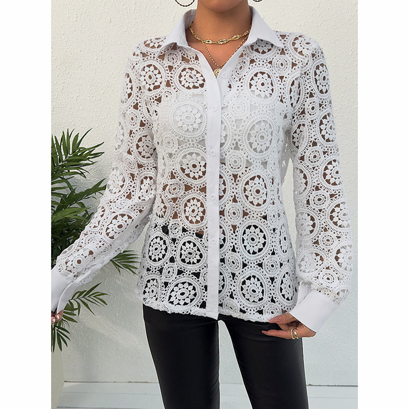 Women's Lace Floral Boho Blouse - Long Sleeve Button Down Shirt For Spring & Fall