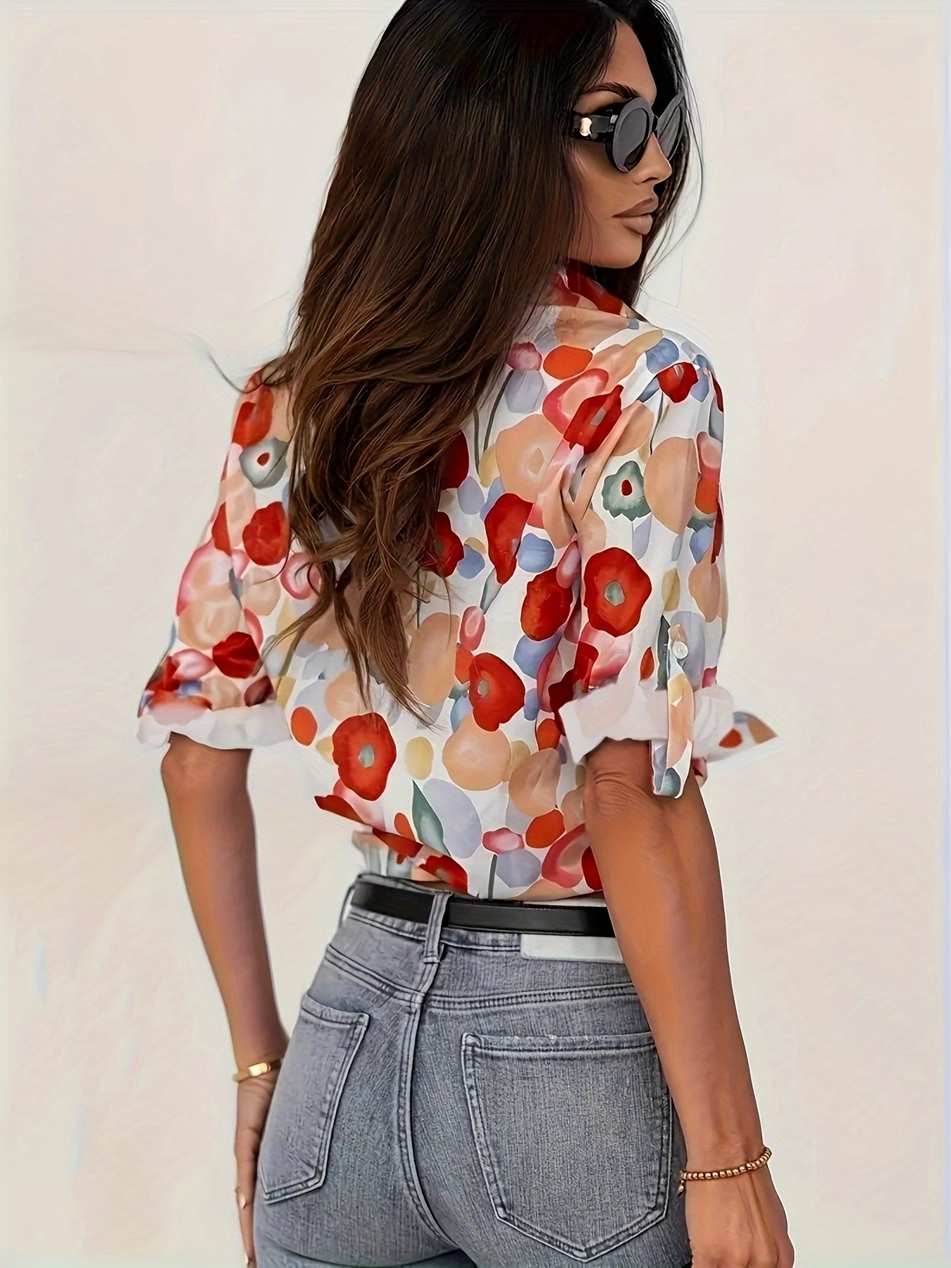 Plus Size Floral Print Button Front Shirt, Casual Long Sleeve Shirt For Spring & Fall, Women's Plus Size Clothing