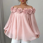 Women's 3D Floral Off Shoulder Blouse, Elegant Long Sleeve Ruffle Sheer Shirt For Party, Evening Dressy Top