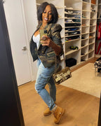 Elegant Women's Camo Print Jacket - Chic Double-Breasted, Long Sleeve Outerwear With Flap Pockets, Polyester, Perfect For Spring-Fall, Cute Jacket Amazon Does Not Sell