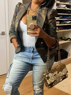 Elegant Women's Camo Print Jacket - Chic Double-Breasted, Long Sleeve Outerwear With Flap Pockets, Polyester, Perfect For Spring-Fall, Cute Jacket Amazon Does Not Sell