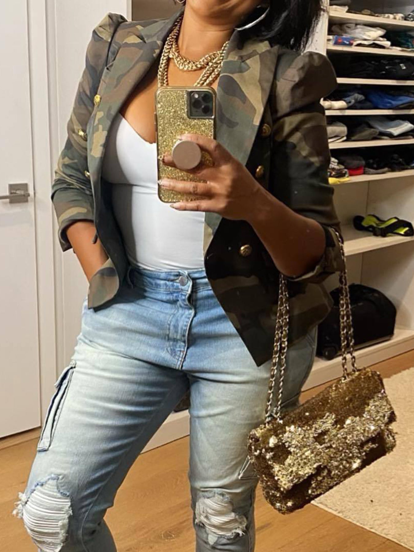 Elegant Women's Camo Print Jacket - Chic Double-Breasted, Long Sleeve Outerwear With Flap Pockets, Polyester, Perfect For Spring-Fall, Cute Jacket Amazon Does Not Sell